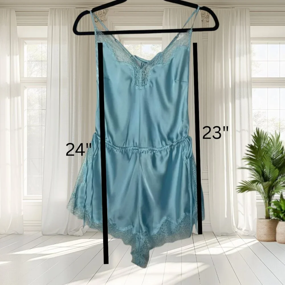 Victoria's Secret Medium Satin Side-Tie Teddy Romper Bodysuit Lace Blue - Picture 10 of 15